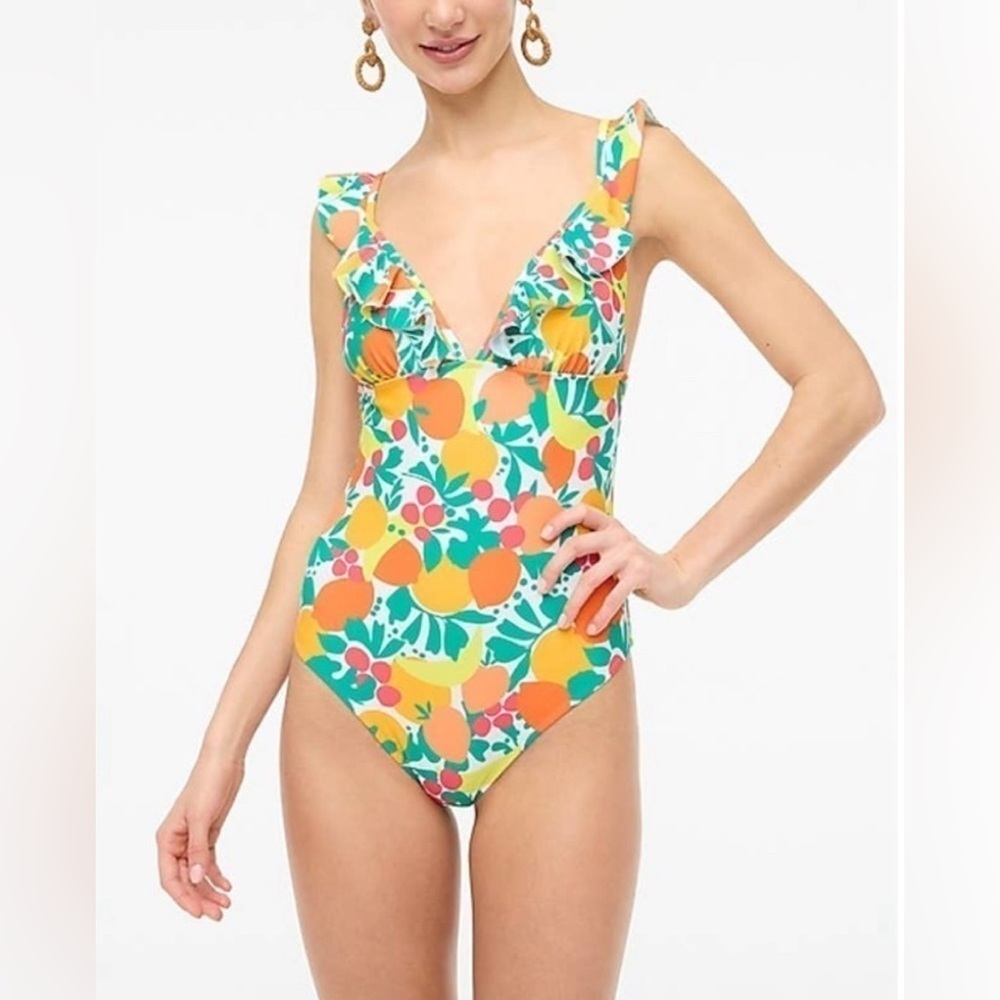 J. Crew Citrus Fruit Ruffle-Shoulder One-Piece Swimsuit